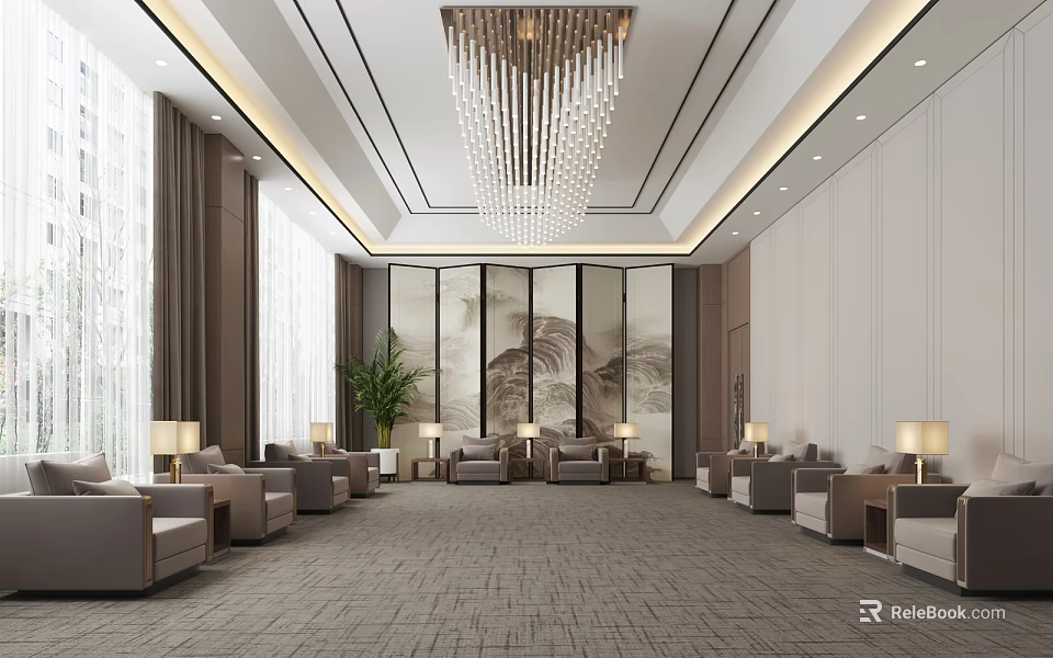 Spacious Hotel Public Lounge Interior With Crystal Chandelier Large Mountain Painting And Sofas 3d model 
