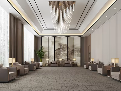 Spacious Hotel Public Lounge Interior With Crystal Chandelier Large Mountain Painting And Sofas 3d model