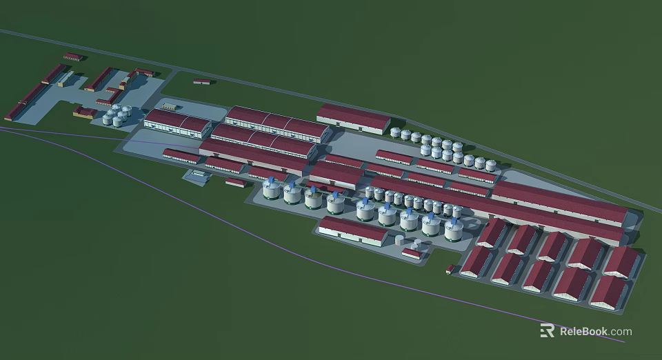 Industrial Factory with Red Roofs and White Cylindrical Storage Tanks in Industrial Area Layout 3d model 