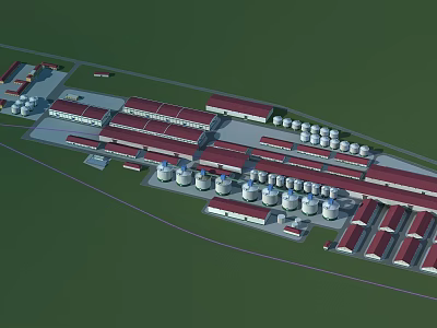 Industrial Factory with Red Roofs and White Cylindrical Storage Tanks in Industrial Area Layout 3d model