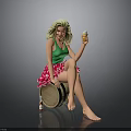 Blonde Woman In Green Top Red Skirt On Wooden Barrel Holding Beer Glass And Bottle