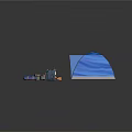 Blue Camping Tent Setup With Firewood Cups Water Bottle Backpacks And Sleeping Bag