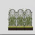 Potted Plants On Arched Lattice With Green Vines And Colorful Flowers In Brown Geometric Planter