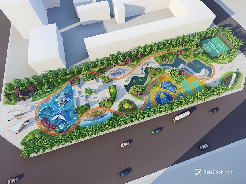 Modern Urban Park Landscape With Lush Green Spaces Curved Paths Water Features And Play Areas 3d model 