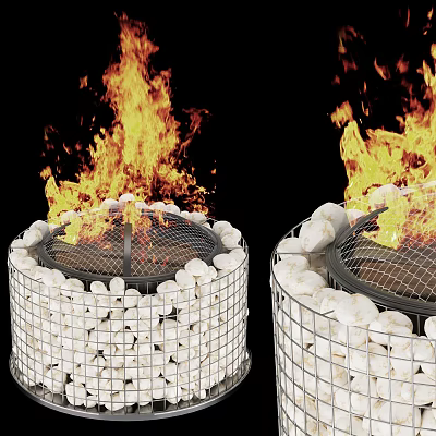 Outdoor Fire Pit With Burning Flames And White Stones In Decorative Metal Frame 3d model