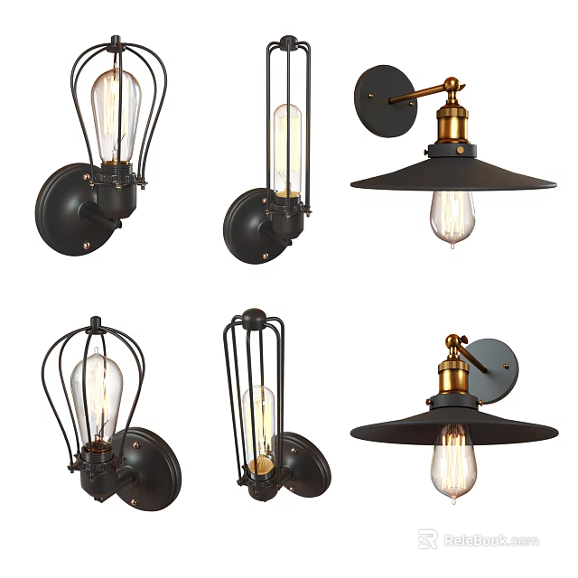 Vintage Industrial Wall Lamps With Black Metal Frame Cage Design And Exposed Bulbs 3d model 