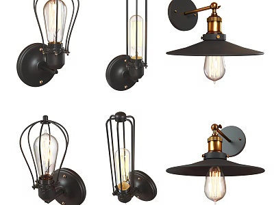 Vintage Industrial Wall Lamps With Black Metal Frame Cage Design And Exposed Bulbs 3d model