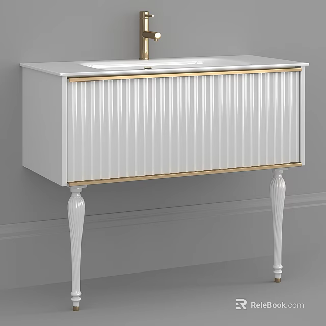 Elegant White Washbasin Vanity With Gold Trim Ribbed Cabinet And White Legs 3d model 