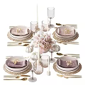 Elegant Dinner Table Setting With Pink Flowers White Pumpkins Golden Utensils And Glassware