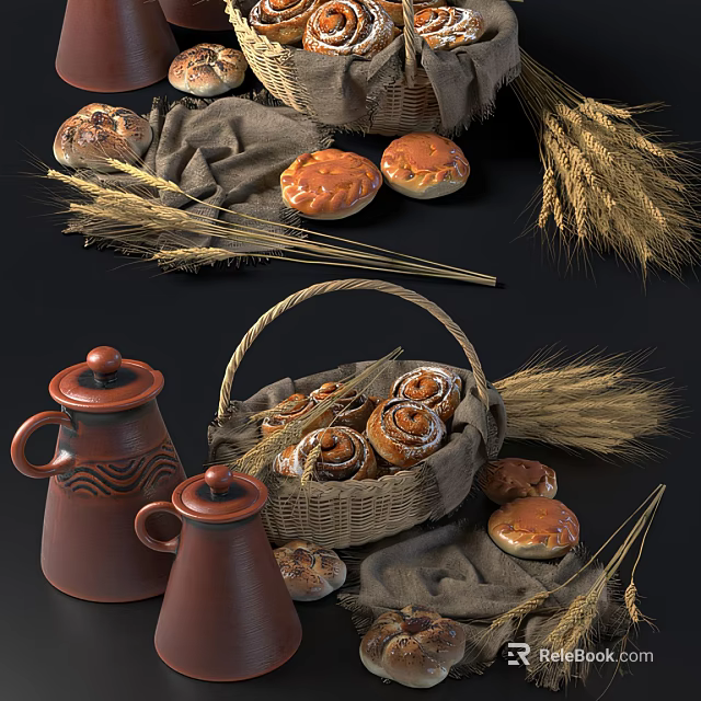 Assorted Breads In Wicker Basket With Wheat Ears And Clay Pots 3d model 
