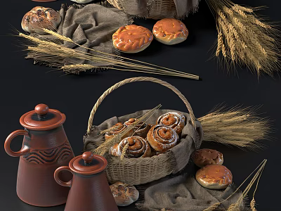 Assorted Breads In Wicker Basket With Wheat Ears And Clay Pots 3d model