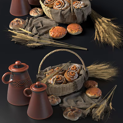 Assorted Breads In Wicker Basket With Wheat Ears And Clay Pots 3d model
