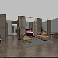 Chinese Style Hotel Guest Room With Wooden Screens Bed Sofa Coffee Table And Decorative Art