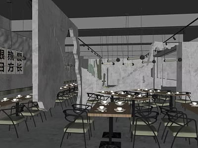 Modern Hotpot Restaurant Interior With Gray Walls Tables Chairs And Pendant Lights 3d model