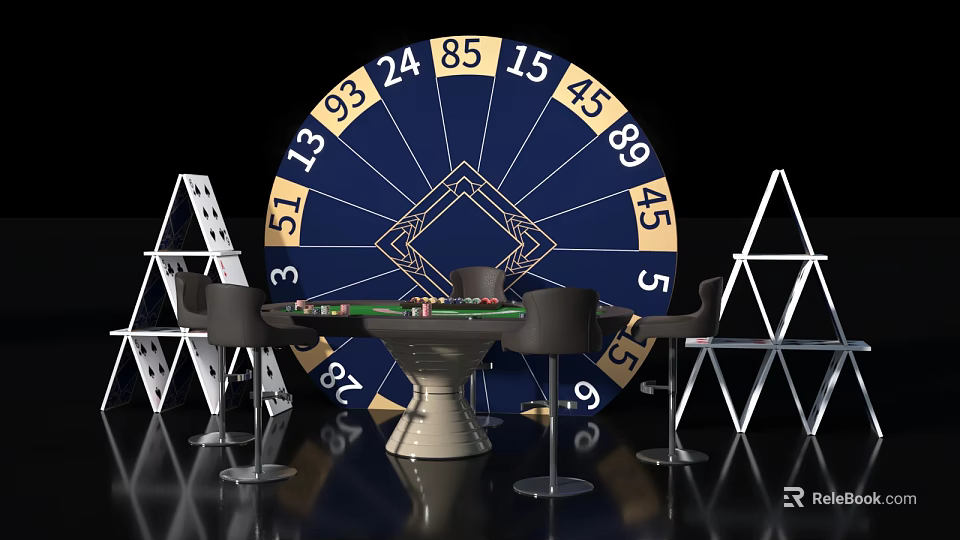 Casino Themed Photo Spot With Blue Roulette Wheel Green Gambling Table Chips And High Chairs 3d model 