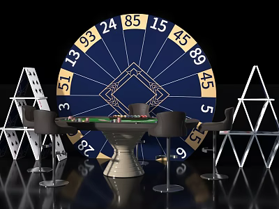 Casino Themed Photo Spot With Blue Roulette Wheel Green Gambling Table Chips And High Chairs 3d model