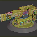 Yellow Mechanical Weapon Model With Detailed Metal Parts On Gray Base