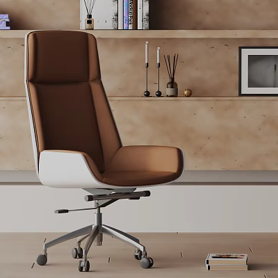 Modern Brown And White Leather Office Chair With Metal Base In Minimalist Workspace Interior 3d model