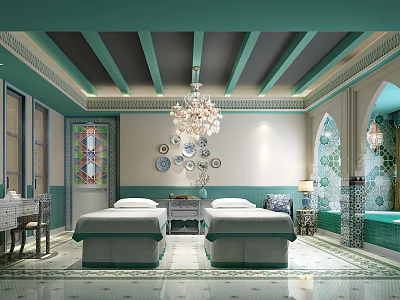 Luxury SPA Sauna Interior Design With Massage Beds Chandelier Stained Glass And Decorative Tiles 3d model