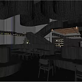 Modern Café Interior With Spiral Black Chandeliers Curved Seating Tables Chairs And Staircase