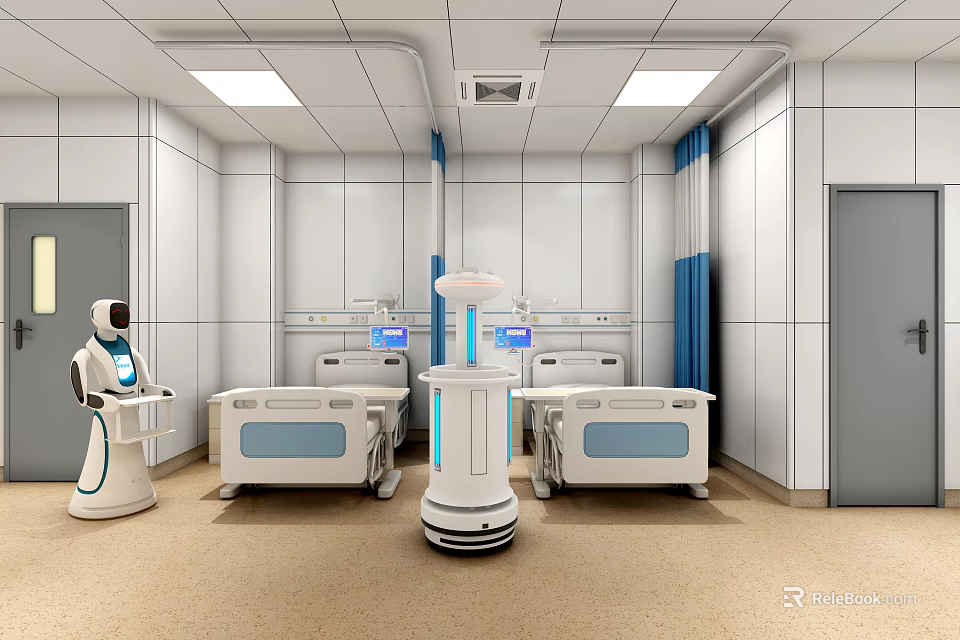 Modern Hospital Outpatient Clinic Room With Medical Robots Patient Beds White Walls And Blue Curtains 3d model 