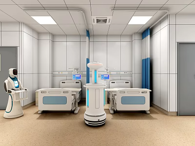 Modern Hospital Outpatient Clinic Room With Medical Robots Patient Beds White Walls And Blue Curtains 3d model