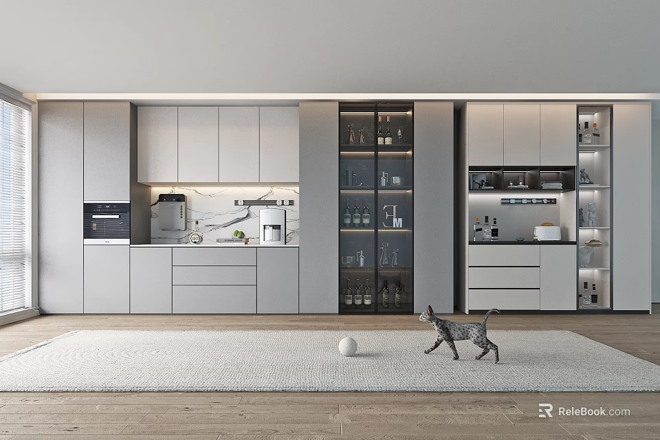 Modern Kitchen Sideboard Interior Design With Cabinetry Glass Doors And Storage Space 3d model 