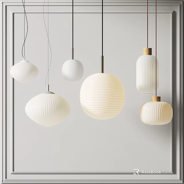 White Pendant Lights with Different Designs Hanging in Modern Interior Space 3d model 