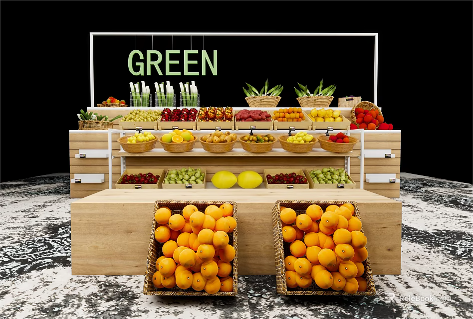 Wooden Display Shelves With Green Sign And Neatly Arranged Fruit Baskets 3d model 