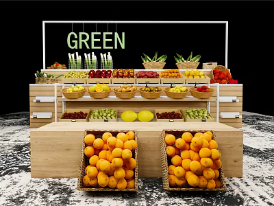 Wooden Display Shelves With Green Sign And Neatly Arranged Fruit Baskets 3d model