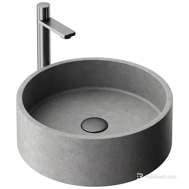 Modern Round Concrete Washbasin with Sleek Silver Faucet in Bathroom Design 3d model 