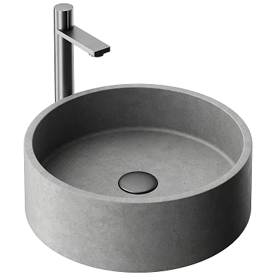 Modern Round Concrete Washbasin with Sleek Silver Faucet in Bathroom Design 3d model