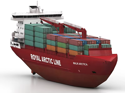 Red Cargo Ship With Stacked Shipping Containers Royal Arctic Line 3d model