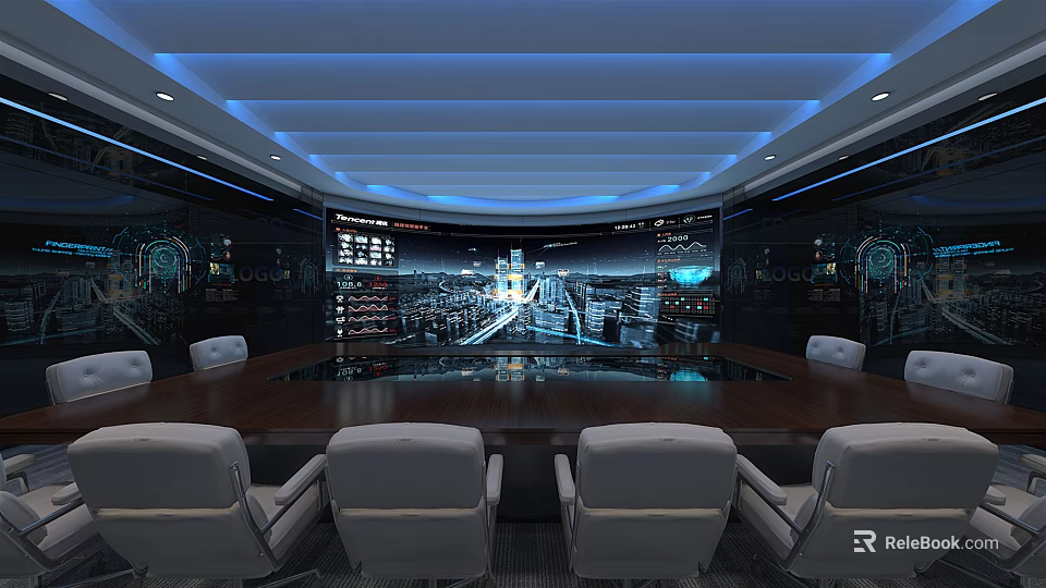 High Tech Conference Room With Large Display Round Wooden Table White Chairs And Blue Lighting 3d model 