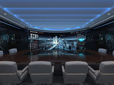 High Tech Conference Room With Large Display Round Wooden Table White Chairs And Blue Lighting 3d model