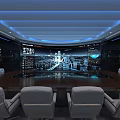 High Tech Conference Room With Large Display Round Wooden Table White Chairs And Blue Lighting