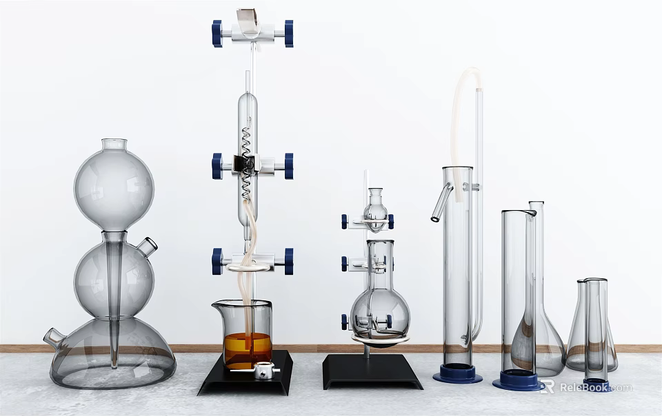 Medical Devices With Glass Laboratory Apparatus Distillation Tubes And Beakers 3d model 