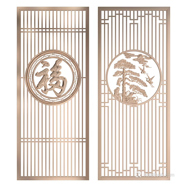 Golden Chinese Style Partition with Circular Fu Character Pine Tree and Crane Design 3d model 