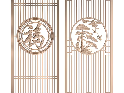 Golden Chinese Style Partition with Circular Fu Character Pine Tree and Crane Design 3d model