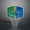 Colorful Basketball Backboard With Blue Green Design And Logos Attached Basketball Hoop And White Net