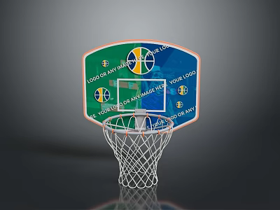 Colorful Basketball Backboard With Blue Green Design And Logos Attached Basketball Hoop And White Net 3d model