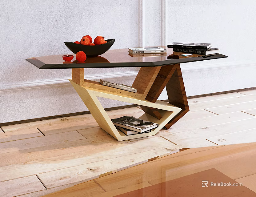 Modern Coffee Table With Geometric Legs Black Bowl Red Fruits And Books On Black Top 3d model 