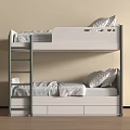 Modern White Bunk Bed with Ladder Storage Drawers Striped Bedding and Pillows