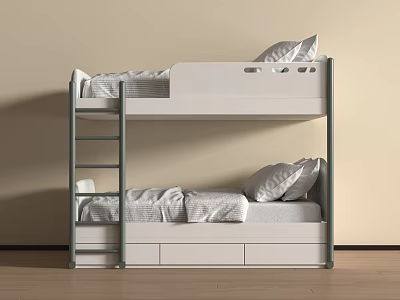 Modern White Bunk Bed with Ladder Storage Drawers Striped Bedding and Pillows 3d model