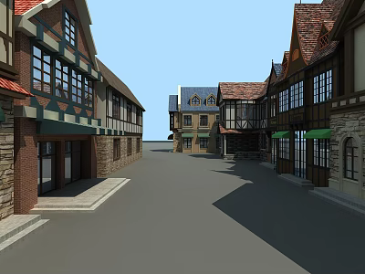 Traditional European Commercial Street With Brick Stone Buildings Large Windows And Green Awnings 3d model