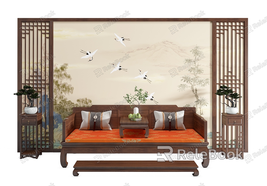 New Chinese Style Sofa Background Wall Living Room Background Wall Solid Wood Decorative Panel Solid Wood Grille Background Wall Rohan Bed Flower Rack model