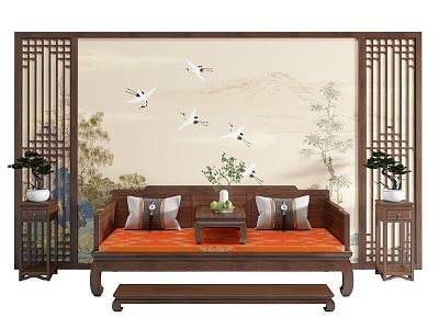 New Chinese Style Sofa Background Wall Living Room Background Wall Solid Wood Decorative Panel Solid Wood Grille Background Wall Rohan Bed Flower Rack model