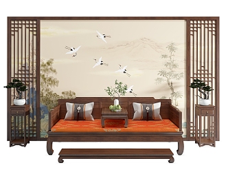 New Chinese Style Sofa Background Wall Living Room Background Wall Solid Wood Decorative Panel Solid Wood Grille Background Wall Rohan Bed Flower Rack 3d model