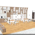 Leisure Area Interior Design With Wooden Bookshelves White Tables Chairs And Open Layout