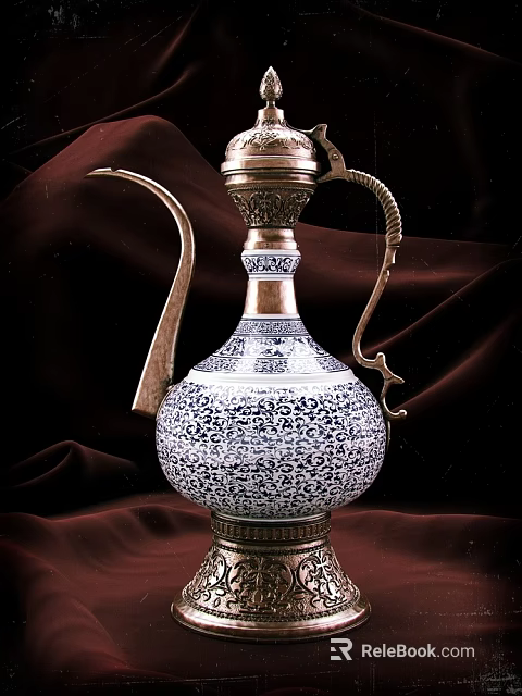 Classic Wine Bottle With Blue And White Intricate Patterns Ornate Metal Handle On Dark Fabric 3d model 